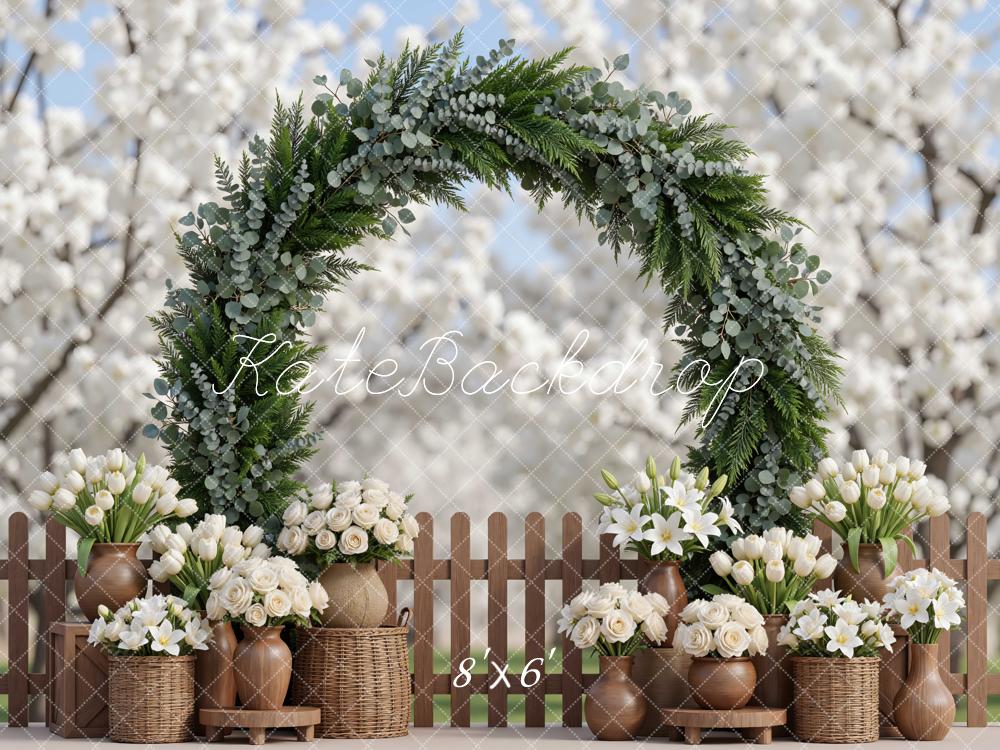Kate Spring Flower Arch White Tulips Roses Wicker Basket Fence Spring Backdrop Designed by Mini MakeBelieve