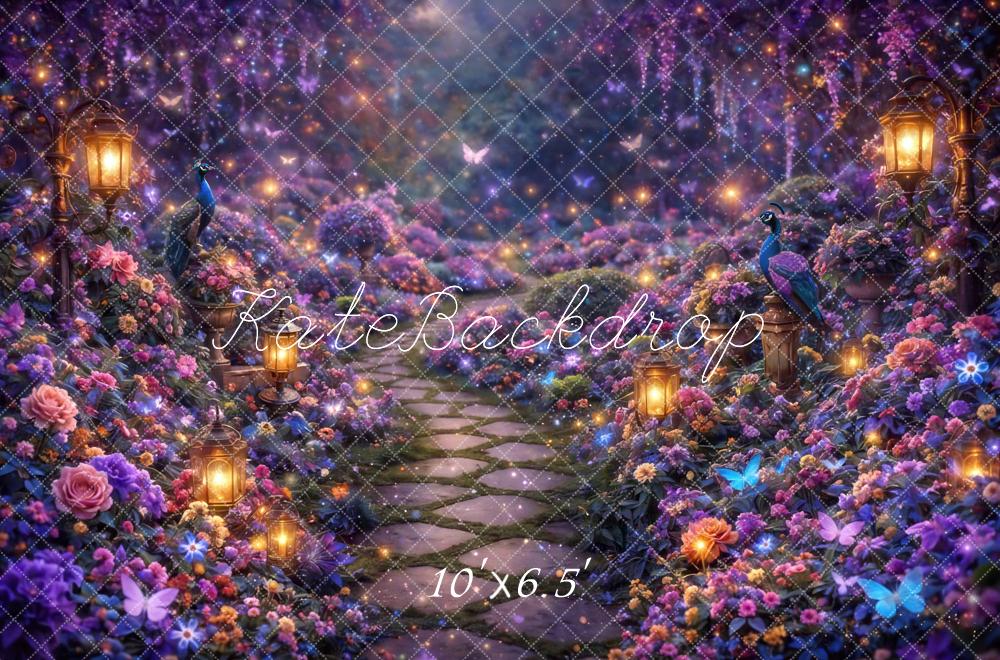 Kate Fairy Fantasy Purple Garden Path with Lanterns and Peacocks Printed Backdrop Designed by Mini MakeBelieve