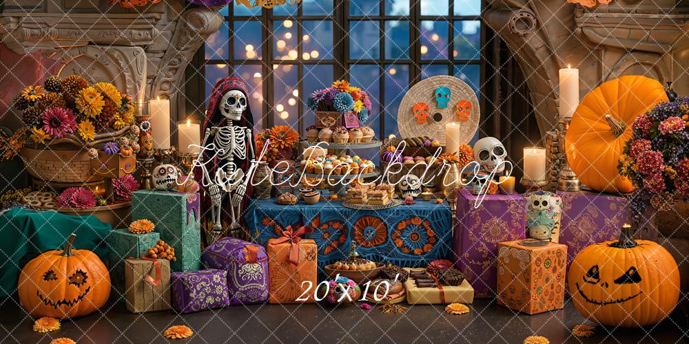 Kate Halloween Day Of The Dead Skeleton Colorful Pumpkins Floral Backdrop Designed by Emetselch