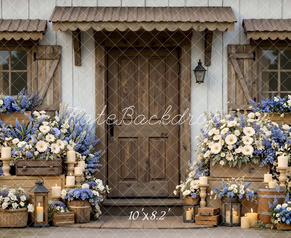 Kate Spring Rustic Porch Blue White Flowers Candles Crates Backdrop Designed by Mini MakeBelieve
