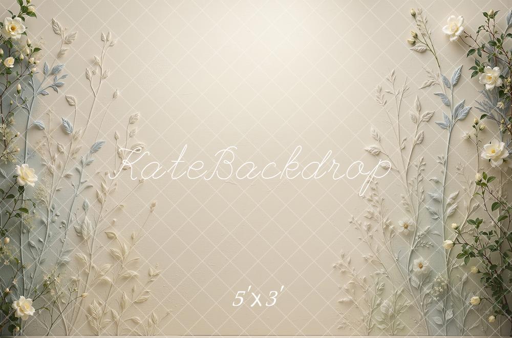 Kate Spring Botanical Blue Green Floral Wall Cream Printed Backdrop Designed by Shutter Swan Studios