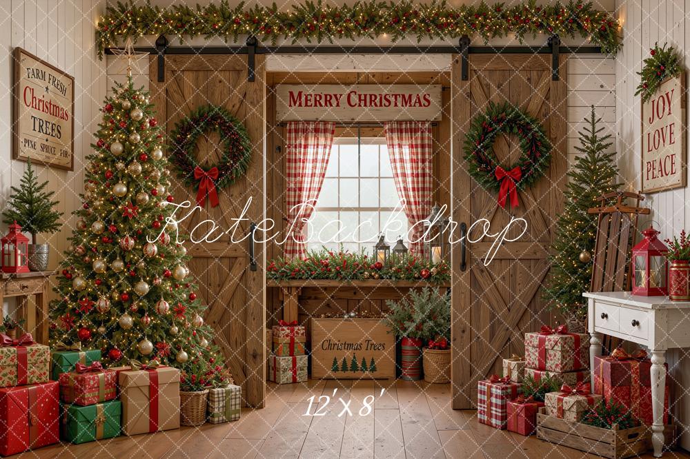 Kate Christmas Wood Barn Doors Tree Gifts Window Plaid Printed Backdrop Designed by Shutter Swan Studios
