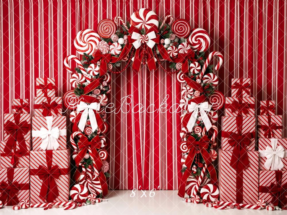Kate Christmas Candy Cane Arch Gift Red Striped Printed Backdrop Designed by Patty Roberts
