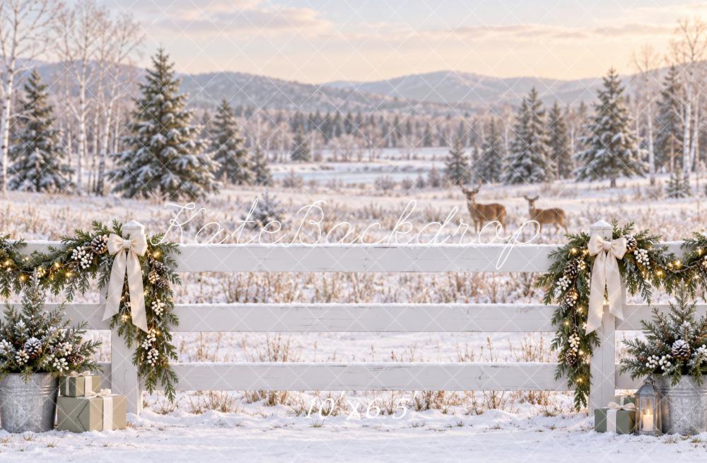 Kate Christmas Snowy Fence Deer Evergreen Garland Printed Backdrop Designed by Vertigo Productions