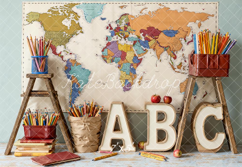 Kate Back To School World Map Alphabet Pencils Books Backdrop Designed by Emetselch