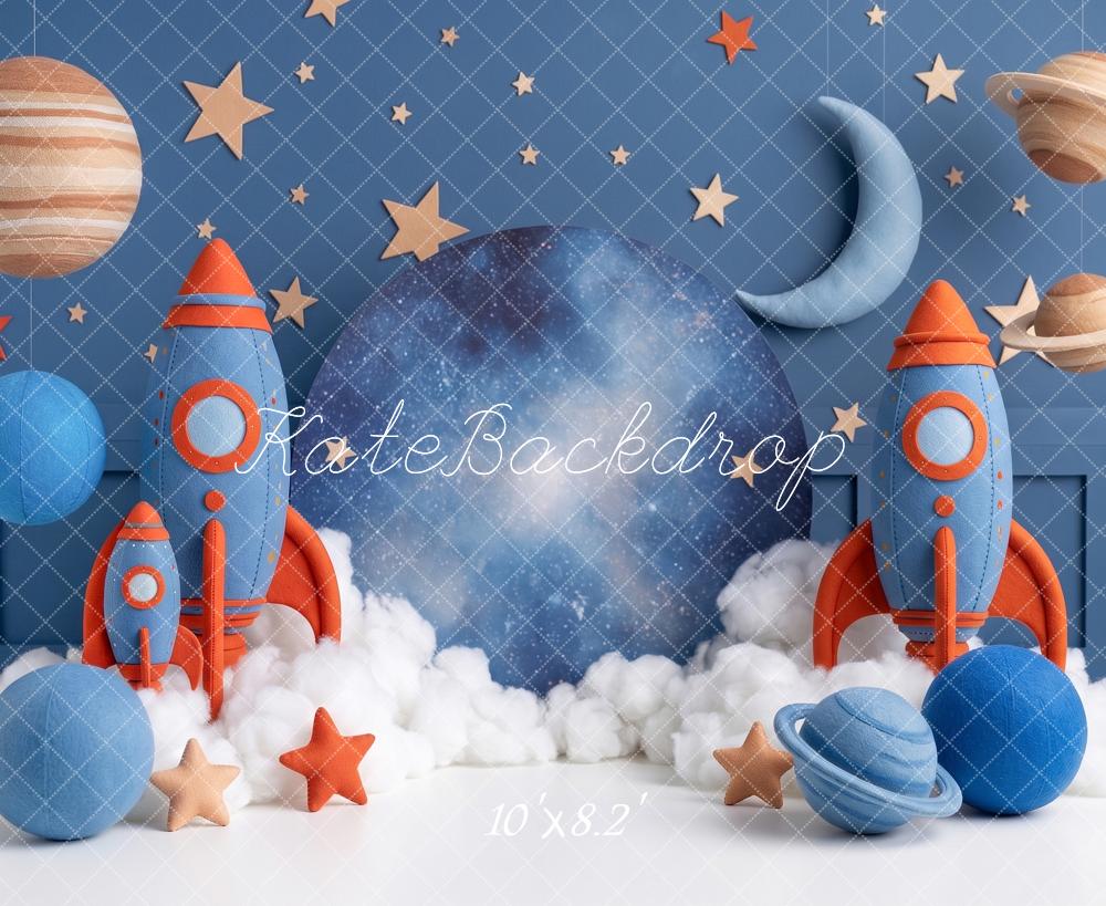 Kate Birthday Boys Space Rockets Planets Moon Printed Backdrop Designed by Angela Miller
