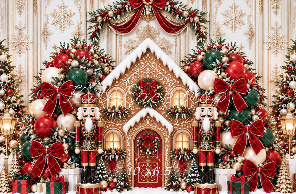 Kate Christmas Gingerbread House Nutcracker Arch Red Bow Snow Printed Backdrop Designed by Ashley Paul