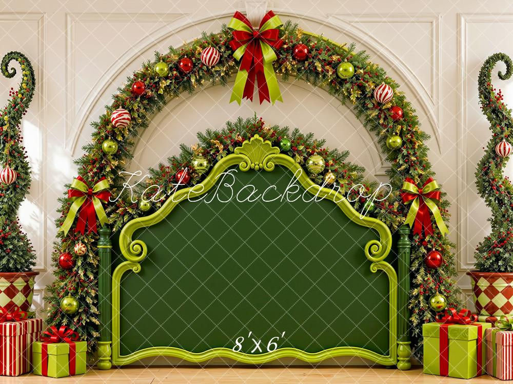 Kate Christmas Headboard Elf Green Garland Presents Printed Backdrop Designed by Shutter Swan Studios