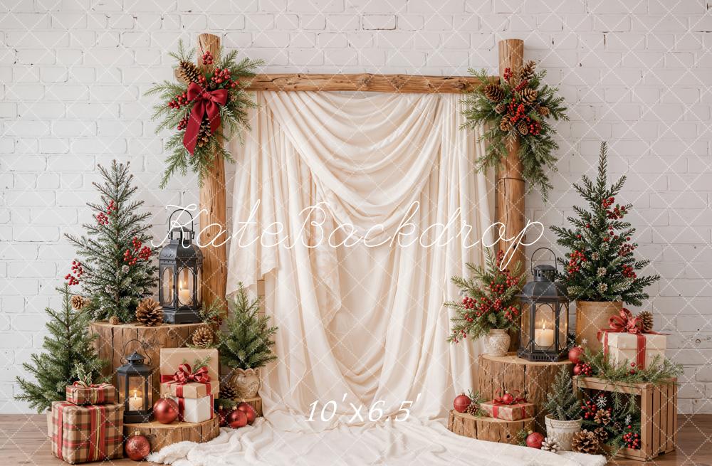 Kate Christmas Wood Arch Pine Trees White Drapes Lanterns Presents Printed Backdrop Designed by Emetselch