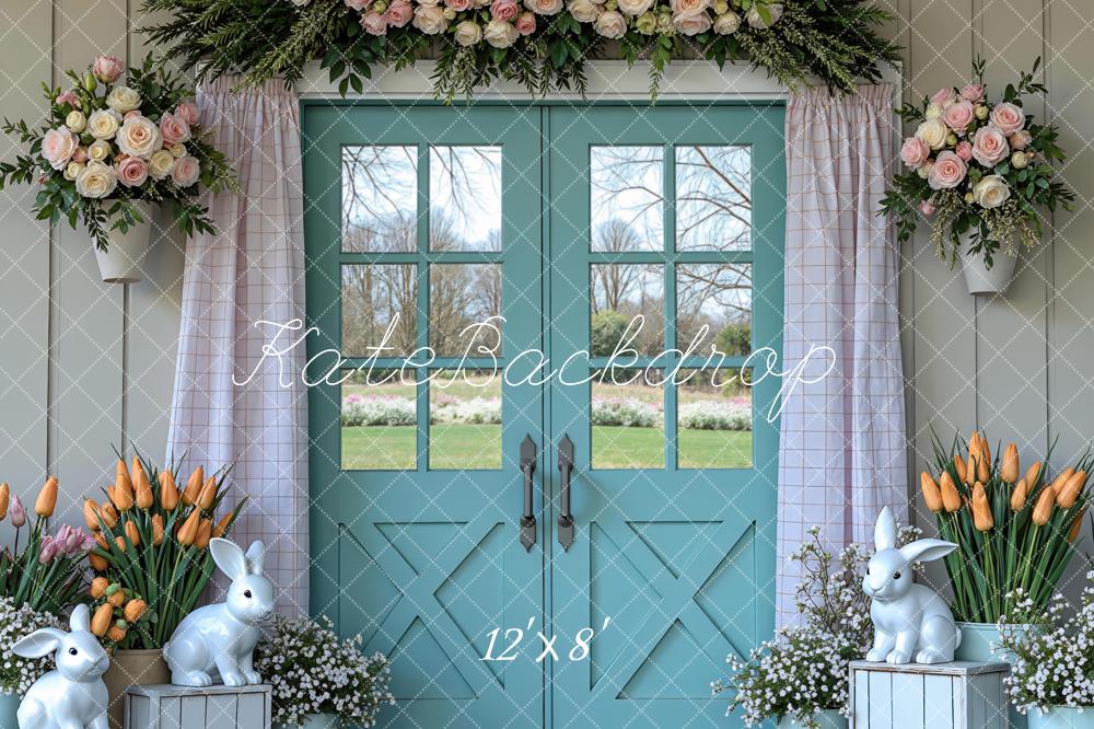 Kate Easter Bunny Blue Door Flower Arrangement Printed Backdrop Designed by Mini MakeBelieve