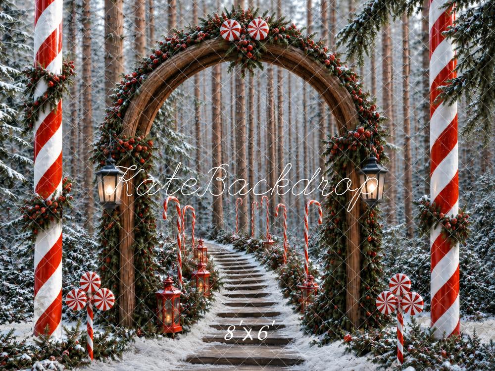 Kate Christmas Candy Cane Forest Arch Snow Printed Backdrop Designed by Vertigo Productions