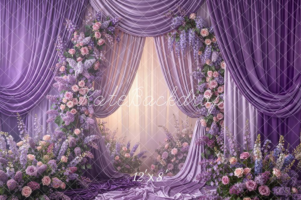 Kate Spring Purple Drapes Flower Arch Printed Backdrop Designed by Emetselch