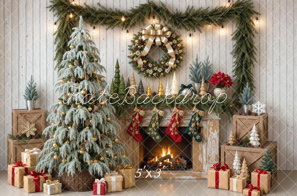Kate Christmas Fireplace Snowy Tree Wreath Gifts Stockings Printed Backdrop Designed by Mini MakeBelieve