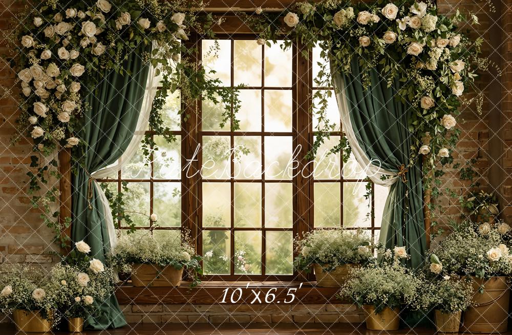 Kate Spring Flower Arch Window Green Curtains Brick Wall Backdrop Designed by Emetselch