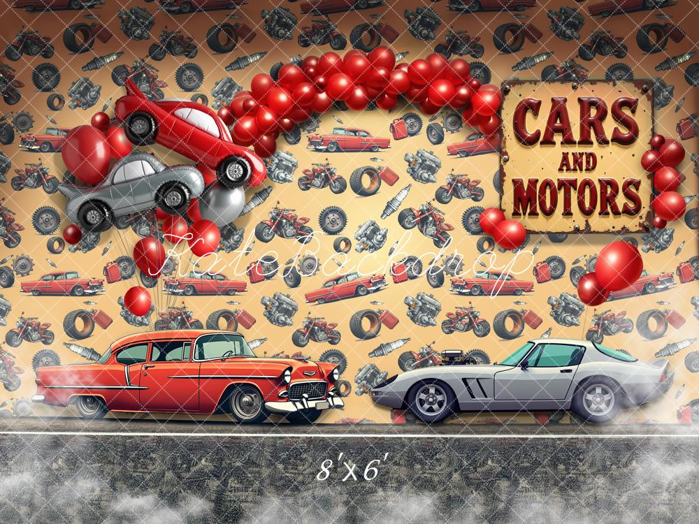 Kate Birthday Red Balloons Motors Vintage Car Motorcycle Printed Backdrop Designed by Laura Bybee