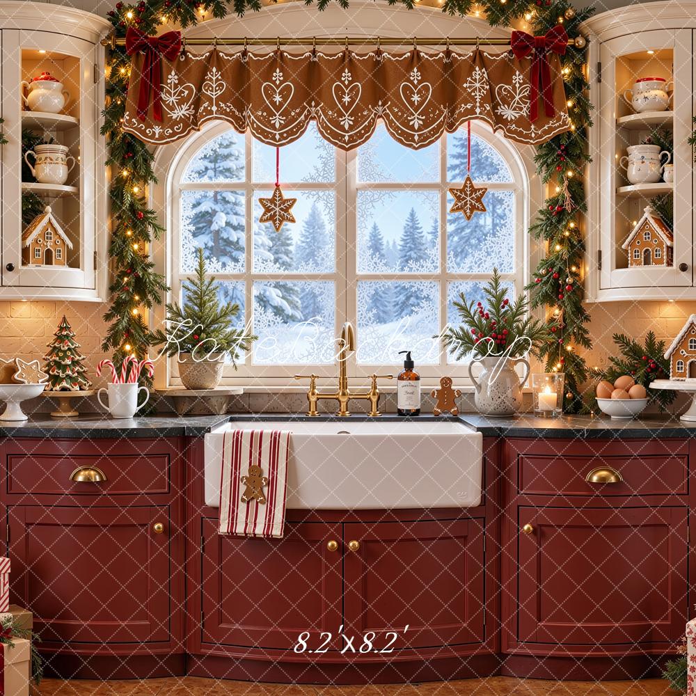Kate Christmas Kitchen Gingerbread Window Red White Cabinet Printed Backdrop Designed by Shutter Swan Studios