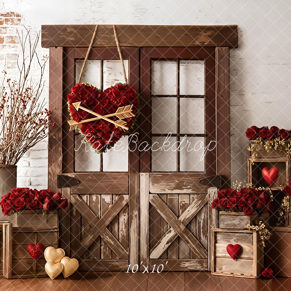 Kate Valentine's Day Rustic Barn Door Red Roses Heart Backdrop Designed by Emetselch
