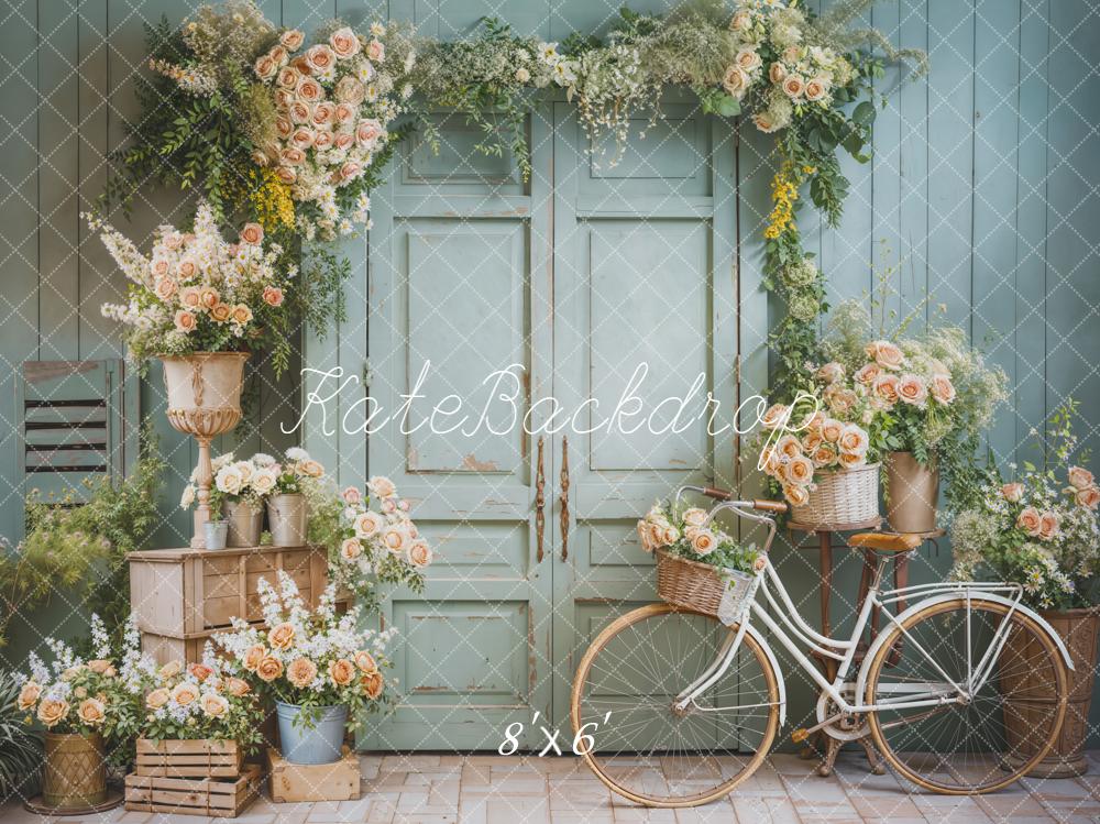 Kate Spring Flower Arch Bicycle Mint Green Door Printed Backdrop Designed by Emetselch