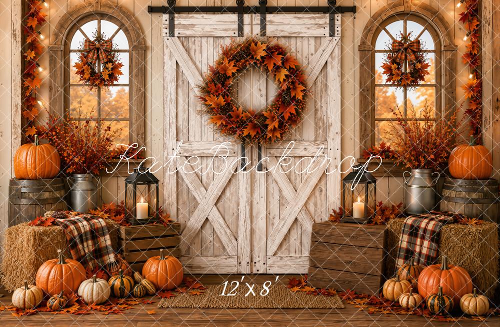 Kate Fall Vintage White Barn Door Pumpkins Wreath Plaid Hay Bales Printed Backdrop Designed by Emetselch