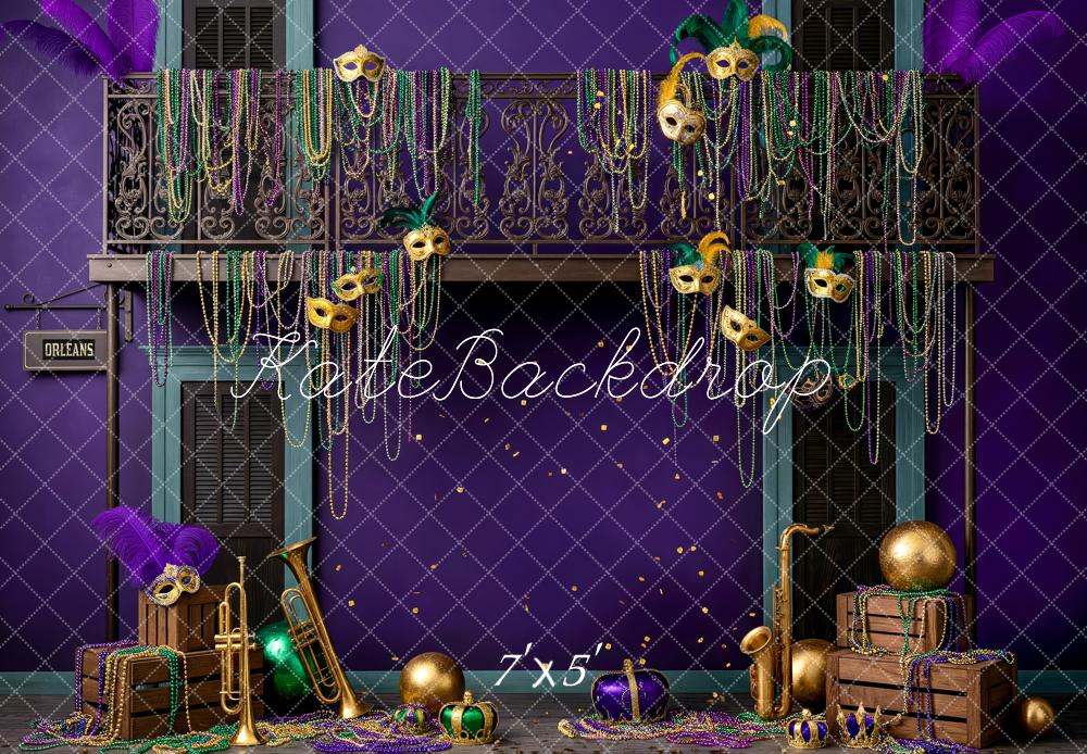 Kate Carnival Mardi Gras Balcony Beads Masks Instruments Purple Printed Backdrop Designed by Patty Roberts
