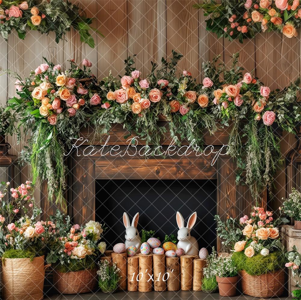 Fondo de madera de chimenea floral de conejito de pascua diseñado por Patty Roberts