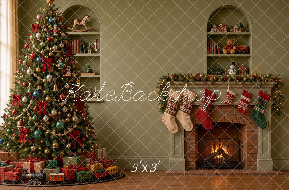 Kate Christmas Tree Fireplace Mantel Stockings Green Printed Backdrop Designed by Shutter Swan Studios