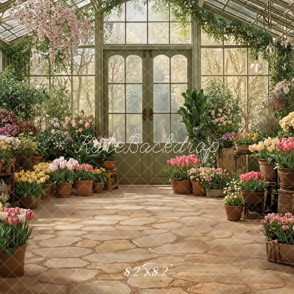 Kate Spring Greenhouse Flower Pots and Stone Floor Printed Backdrop Designed by Emetselch