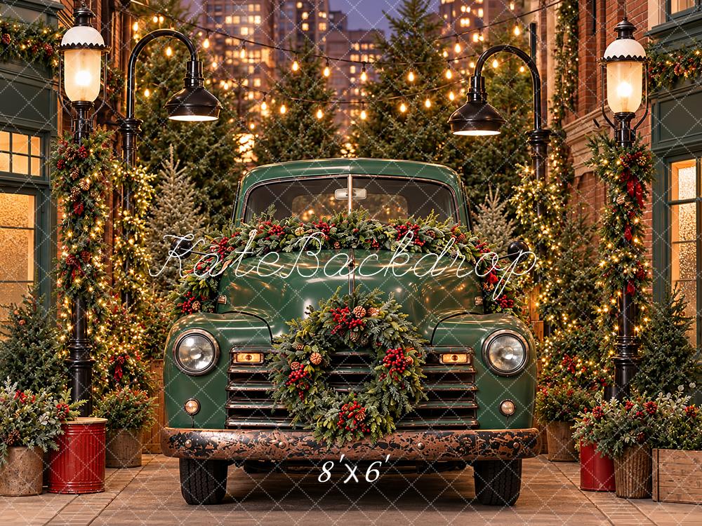Kate Christmas Urban Green Vintage Truck Downtown Wreath Printed Backdrop Designed by Angela Miller