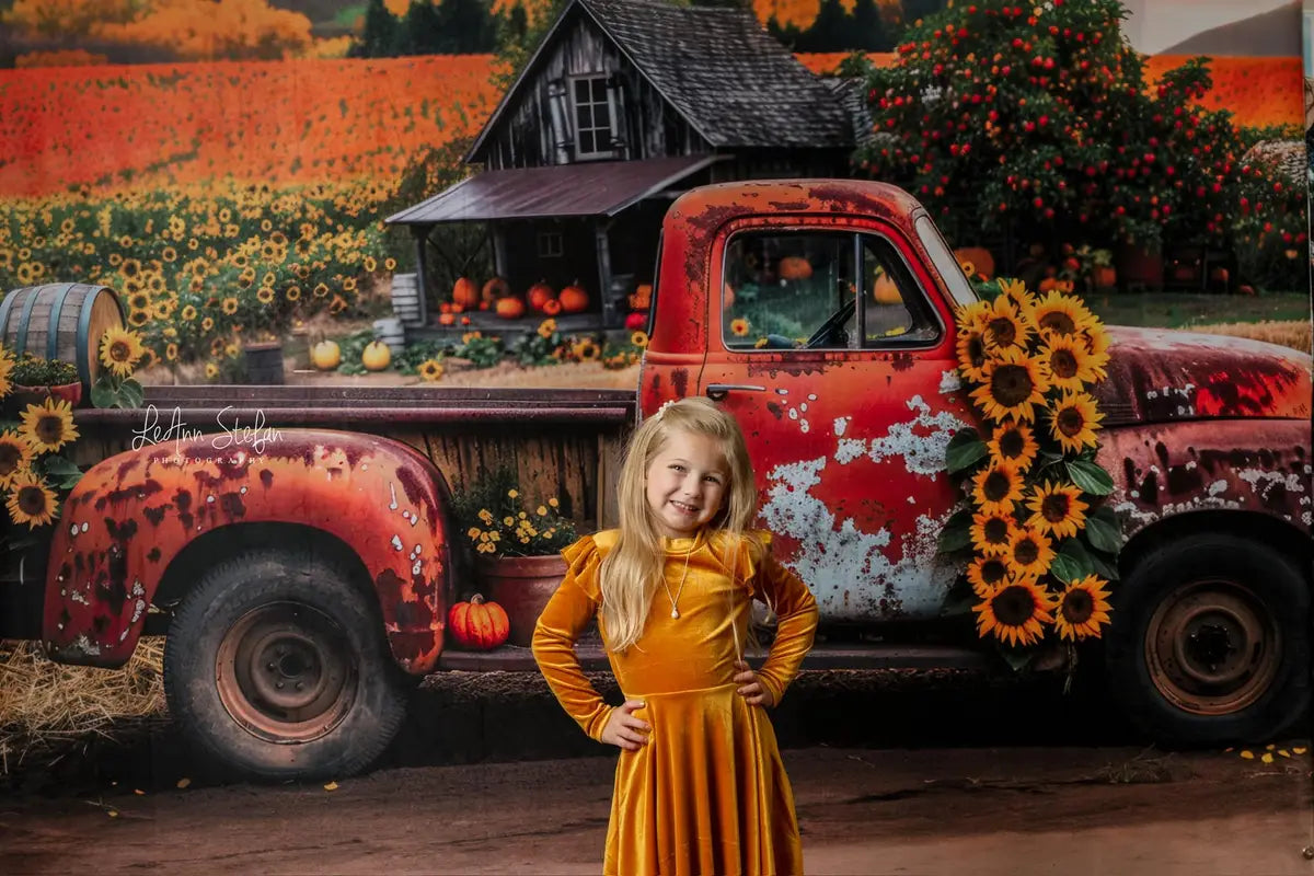Kate Autumn Outdoor Forest Sunflower Orange Broken Truck Backdrop Designed by Mini MakeBelieve