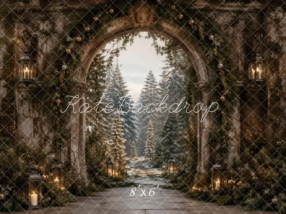 Kate Christmas Retro Stone Archway Pine Trees Lanterns Winter Printed Backdrop Designed by Vertigo Productions