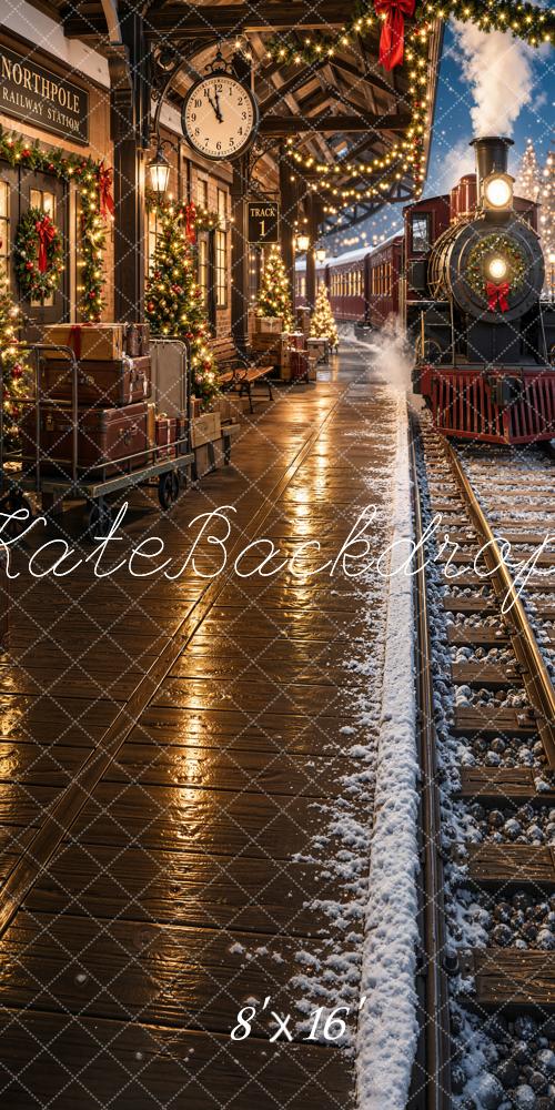 Kate Sweep Christmas Polar Train Railway Station Night Snow Printed Backdrop Designed by Emetselch