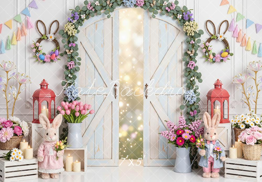 Kate Easter Bunny Flower Arch Pastel Barn Door Printed Backdrop Designed by Mini MakeBelieve