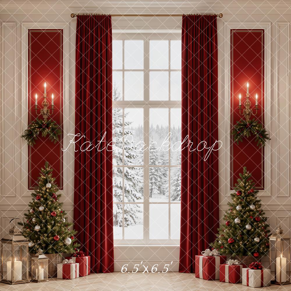 Kate Christmas Trees Red Curtains Snowy Window Printed Backdrop Designed by Emetselch
