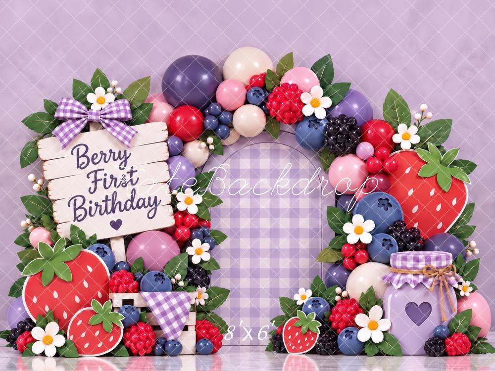 Kate First Birthday Berry Lavender Gingham Arch Printed Backdrop Designed by Laura Bybee