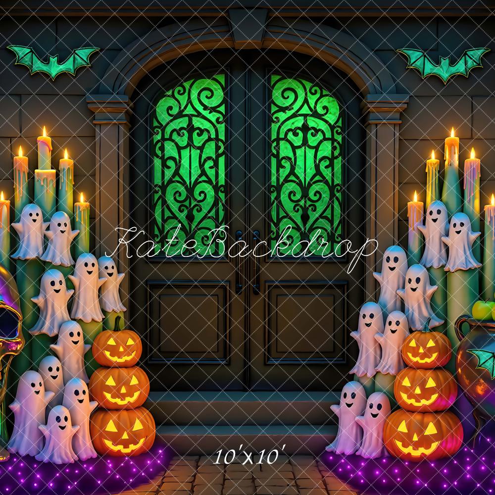 Kate Halloween Door Neon Ghosts Pumpkins Candles Skull Green Printed Backdrop Designed by Mini MakeBelieve