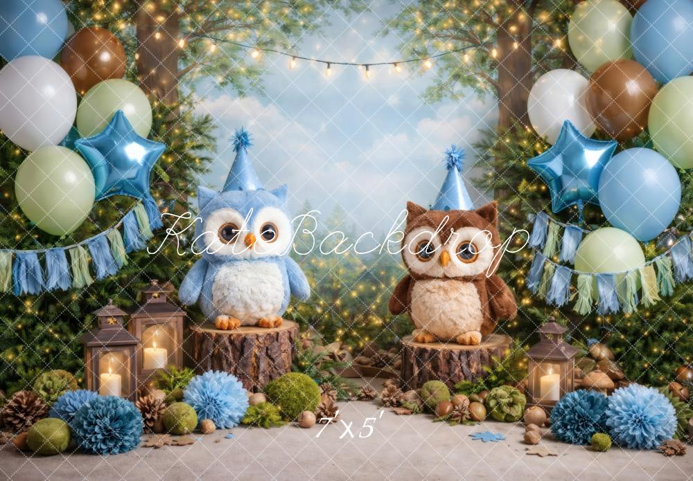 Kate Cake Smash Forest Owls Balloons Lanterns Birthday Party Printed Backdrop Designed by Vertigo Productions
