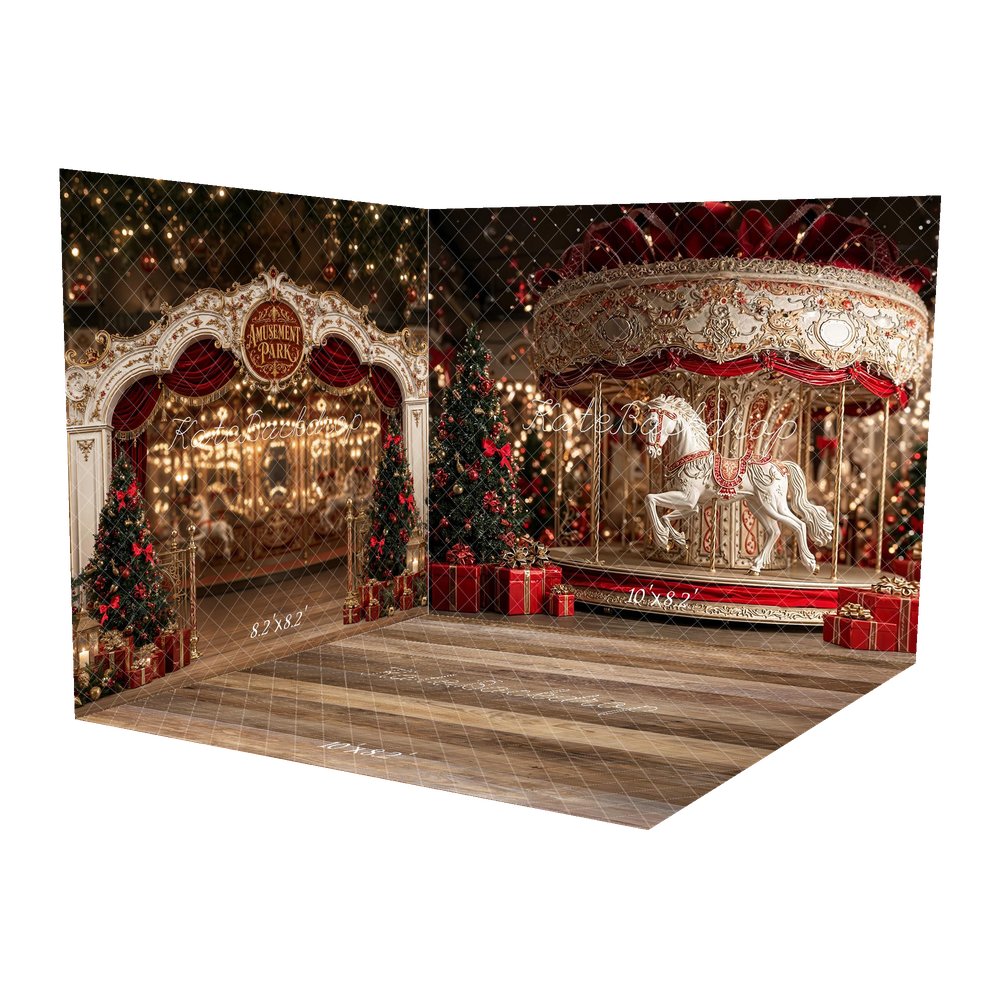 Kate Christmas Amusement Park Carousel Red Horse Presents Backdrop Room Set