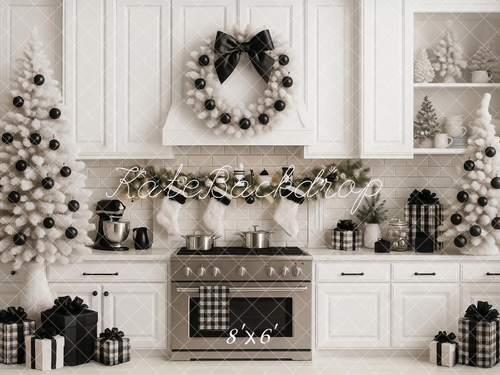 Kate Christmas Kitchen White Black Plaid Ornaments Trees Gifts Backdrop Designed by Ashley Paul