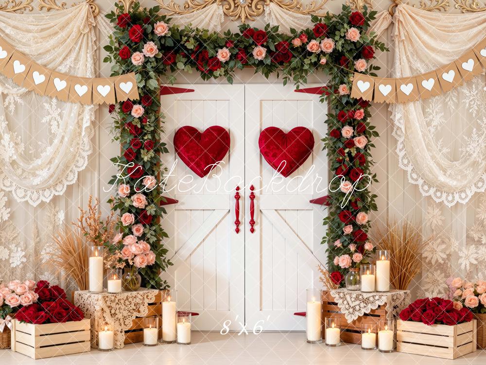 Kate Valentine's Day White Doors Heart Flower Arch Printed Backdrop Designed by Mini MakeBelieve
