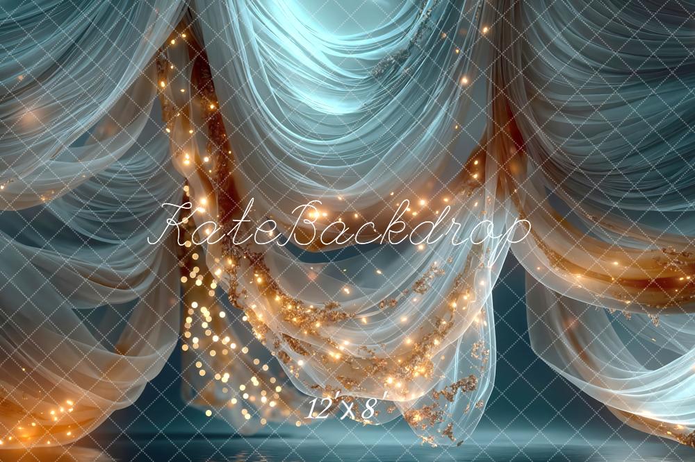Kate Blue Sheer Drapes with String Lights Printed Backdrop Designed by Mini MakeBelieve