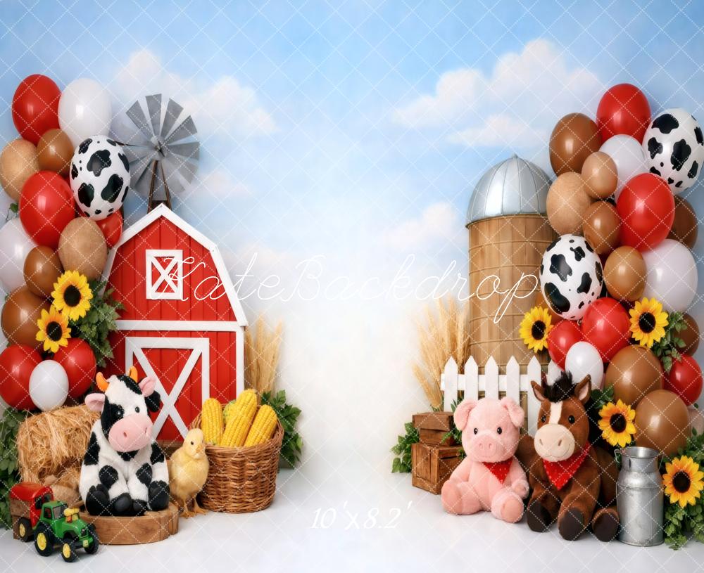 Kate Cake Smash Farm Barn Animals Balloons Sunflowers Printed Backdrop Designed by Vertigo Productions