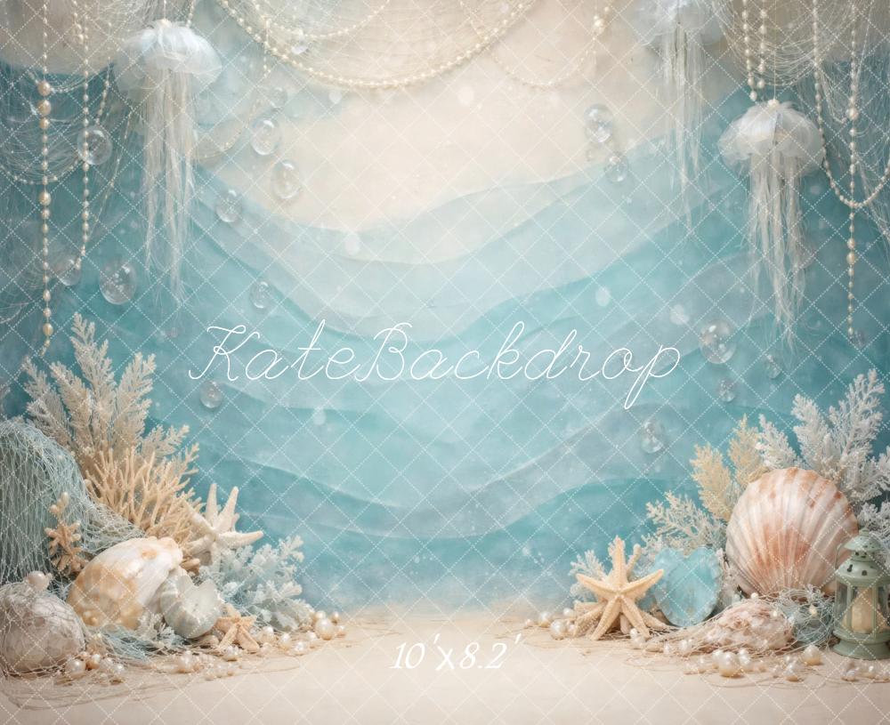 Kate Mermaid Jellyfish Seashells Coral Blue Printed Backdrop Designed by Vertigo Productions