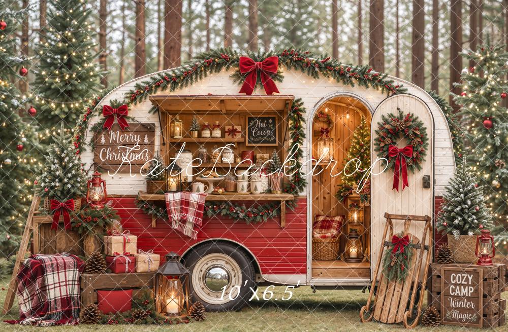 Kate Christmas Camper Red Plaid Hot Cocoa Sleigh Forest Printed Backdrop Designed by Emetselch