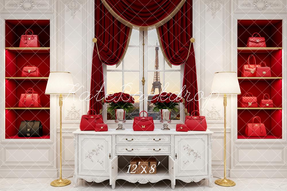 Kate Red Handbag Display Paris Window Scene Backdrop Designed by Patty Roberts