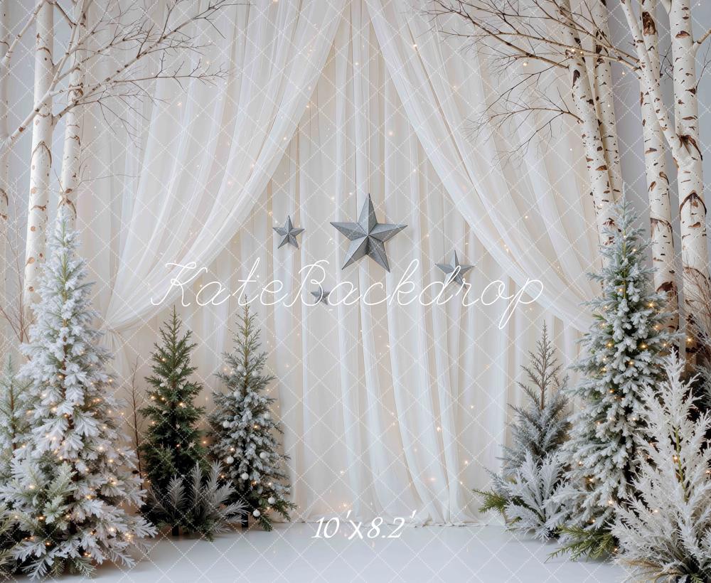 Kate Christmas Simple Curtains Winter White Birch Trees Printed Backdrop Designed by Mini MakeBelieve