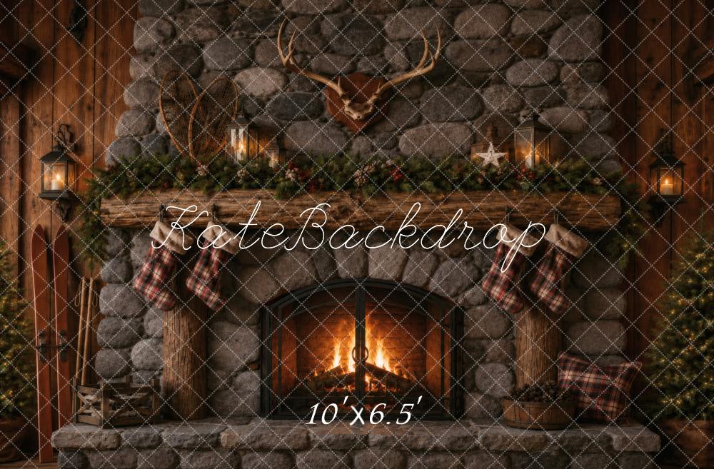 Kate Christmas Stone Fireplace Antlers Garland Stockings Printed Backdrop Designed by Vertigo Productions