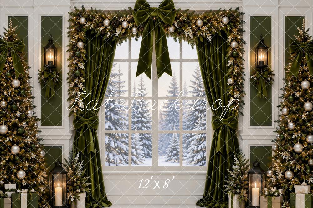 Kate Christmas Arched Window Green Garland Snowy Forest Printed Backdrop Designed by Ashley Paul