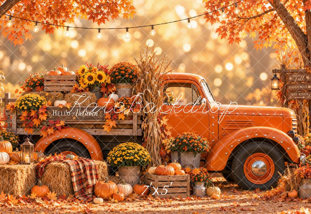 Kate Fall Orange Vintage Truck Pumpkin Harvest Forest Printed Backdrop Designed by Emetselch