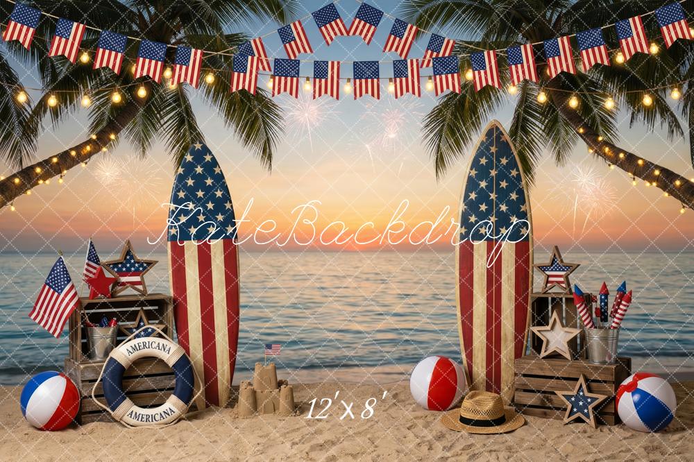 Kate 4th Of July Beach Surfboards American Flags Printed Backdrop Designed by Patty Roberts