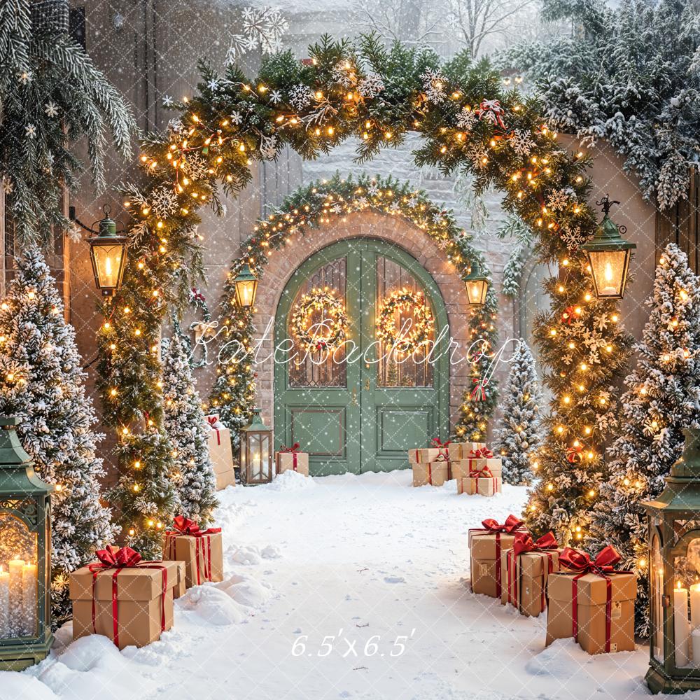 Kate Christmas Garland Archway Snowy Trees Green Doors Backdrop Designed by Emetselch
